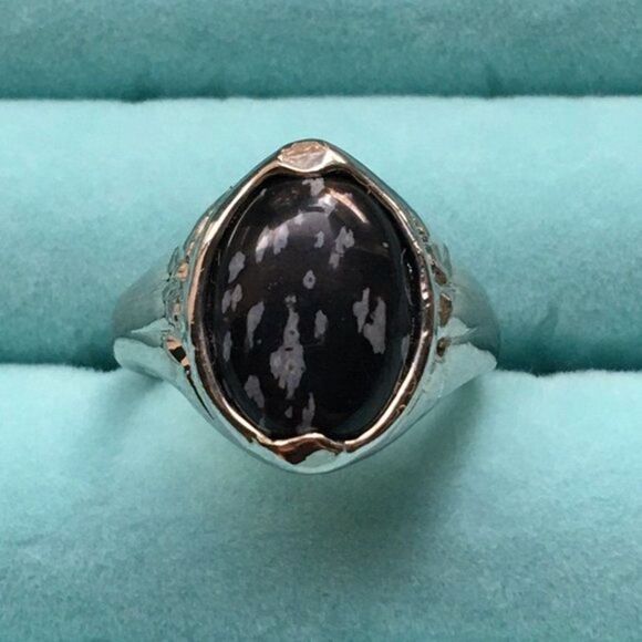 Silver Tone Ring Size 7.75 Black Snowflake Obsidian Cabochon Oval Stone - Picture 1 of 8